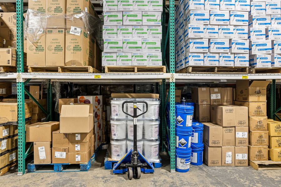 Warehouse racking stocked with medical supplies